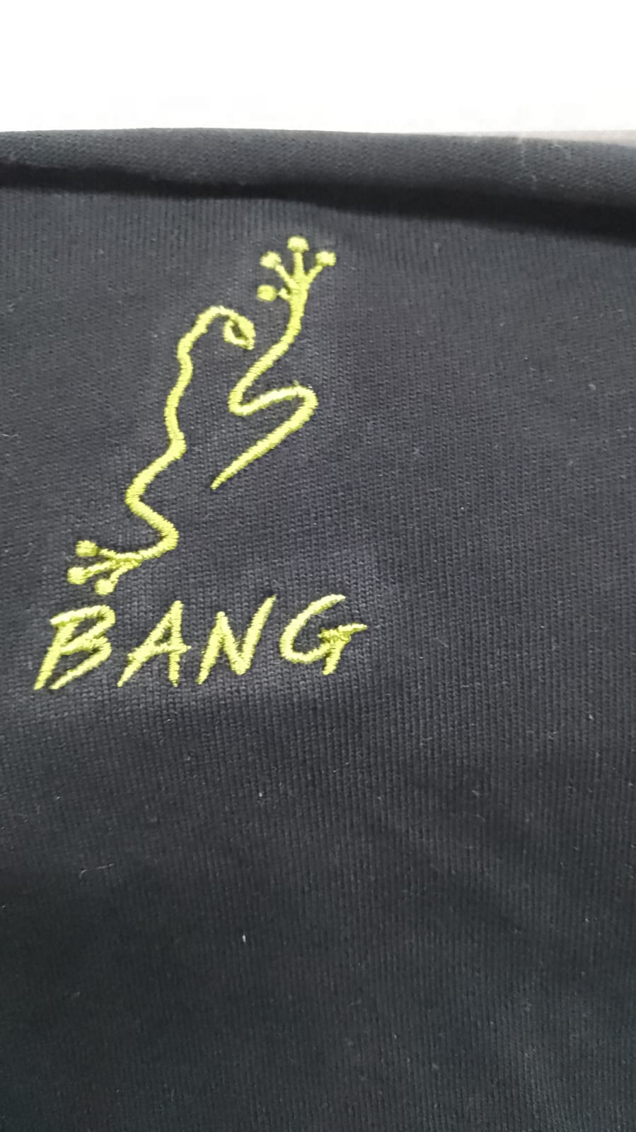 Close view of BANG embroidered logo
