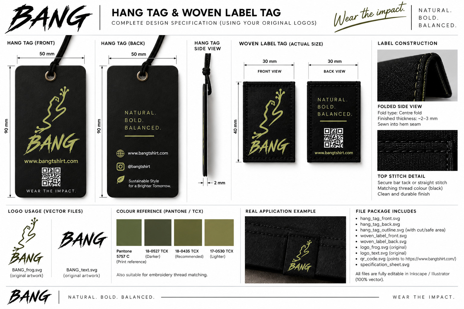 BANG hang tag and woven label design specification
